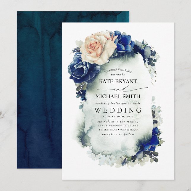 Navy Blue and Rust Terracotta Floral Boho Wedding Invitation (Front/Back)
