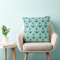 Nautical Anchor Seafoam Stripe Family Monogram Accent Pillow