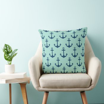 Navy Blue And Seafoam Green Anchor Pattern Throw Pillow by plushpillows at Zazzle