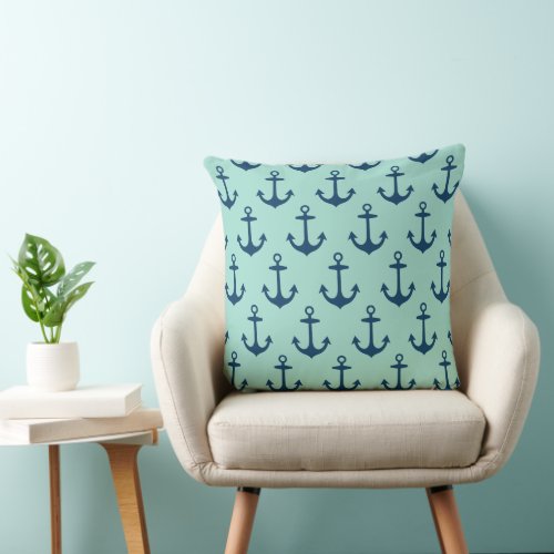 Navy Blue and Seafoam Green Anchor Pattern Throw Pillow