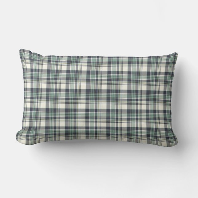 Navy Blue and Seafoam Green Coastal Plaid Lumbar Pillow (Front)