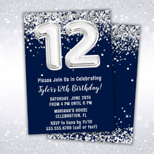 Navy Blue and Silver 12th Birthday Invitation