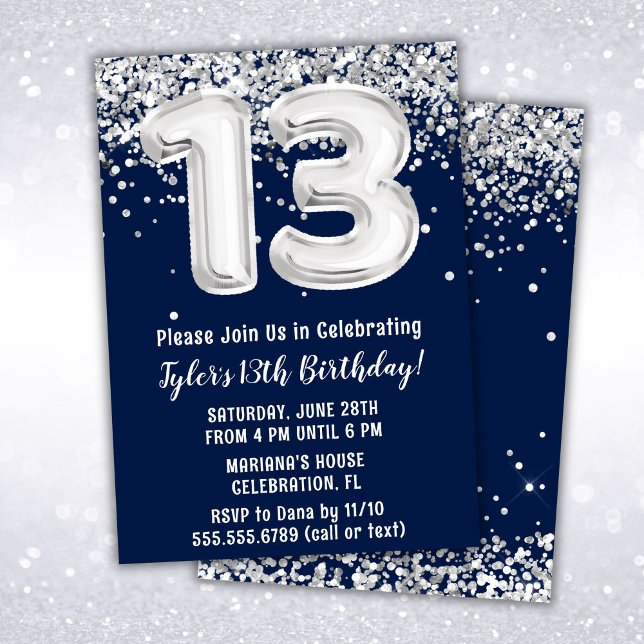 Navy Blue and Silver 13th Birthday Invitation (Creator Uploaded)