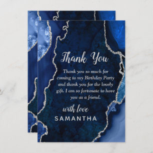Navy Blue and Silver Agate Birthday Party Thank You Card