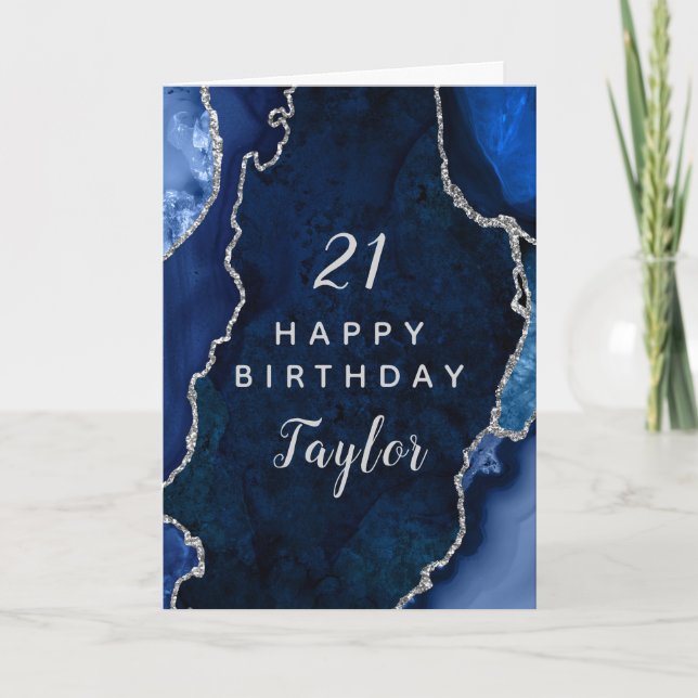Navy Blue and Silver Agate Happy Birthday Card (Front)