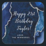 Navy Blue and Silver Agate Happy Birthday Square Sticker<br><div class="desc">This elegant and glamorous sticker can be personalized with a name or title such as mom, daughter, granddaughter, niece, friend etc. The design features a navy blue agate marble background with faux silver glitter accents. The text combines handwritten script and modern sans serif fonts for a classy and sophisticated look....</div>