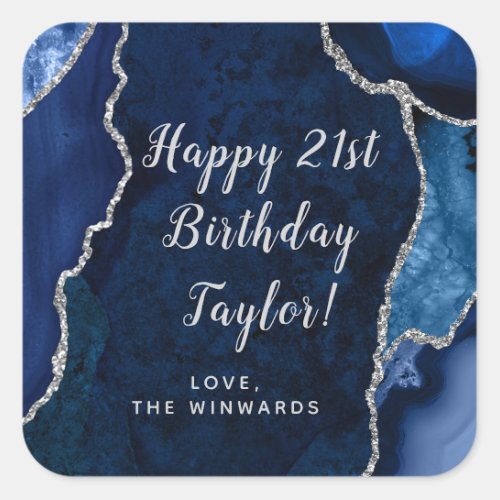 Navy Blue and Silver Agate Happy Birthday Square Sticker