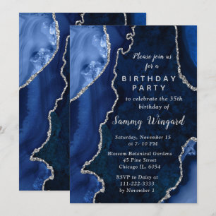 Navy Blue and Silver Agate Marble Birthday Party Invitation
