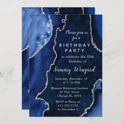 Navy Blue and Silver Agate Marble Birthday Party Invitation