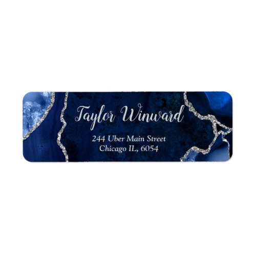 Navy Blue and Silver Agate Marble Birthday Party Label