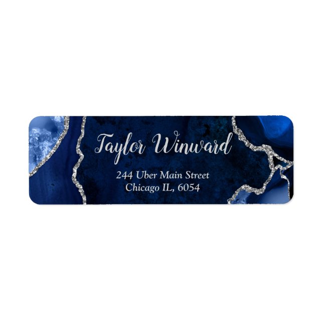 Navy Blue and Silver Agate Marble Birthday Party Label (Front)