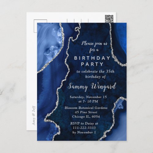 Navy Blue and Silver Agate Marble Birthday Party Postcard