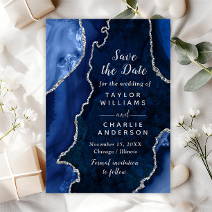 Navy Blue and Silver Agate Marble Save The Date Invitation