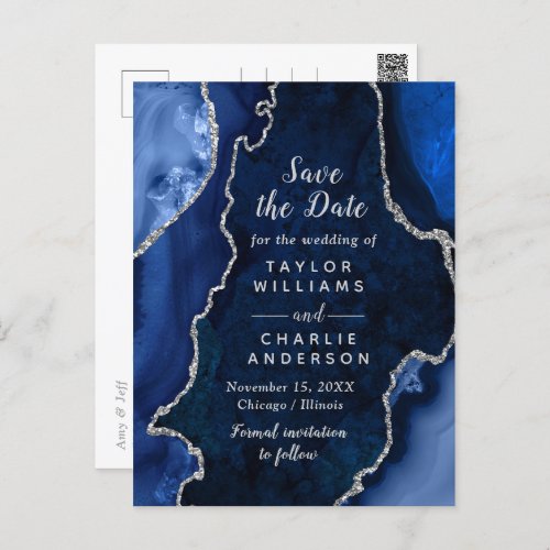 Navy Blue and Silver Agate Marble Save The Date Postcard