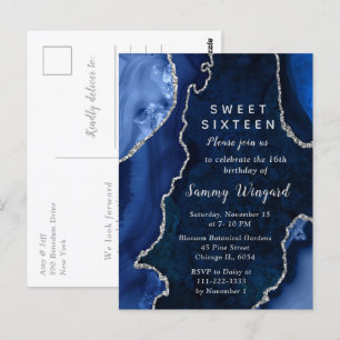 Navy Blue and Silver Agate Marble Sweet Sixteen Postcard