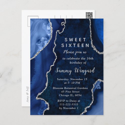 Navy Blue and Silver Agate Marble Sweet Sixteen Postcard
