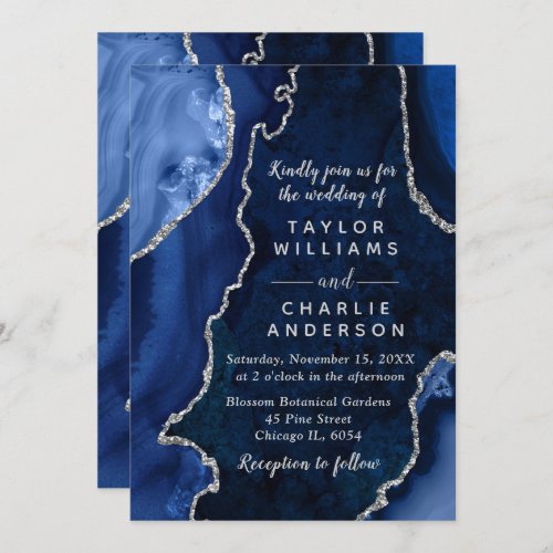 Navy Blue and Silver Agate Marble Wedding Invitation