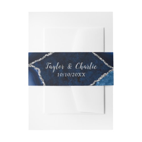 Navy Blue and Silver Agate Marble Wedding Invitation Belly Band