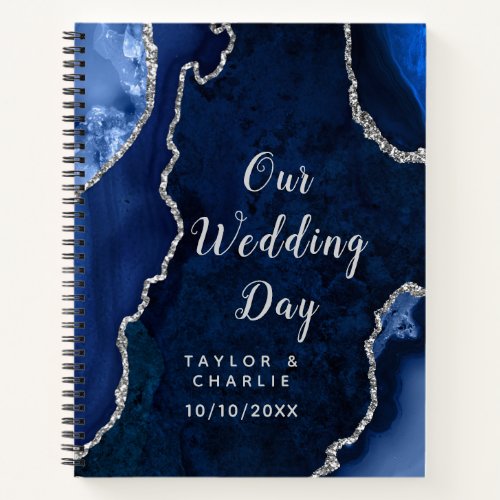 Navy Blue and Silver Agate Marble Wedding Notebook