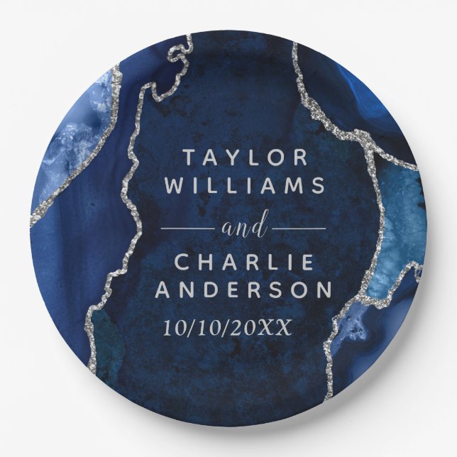 Navy Blue and Silver Agate Marble Wedding Paper Plates (Front)