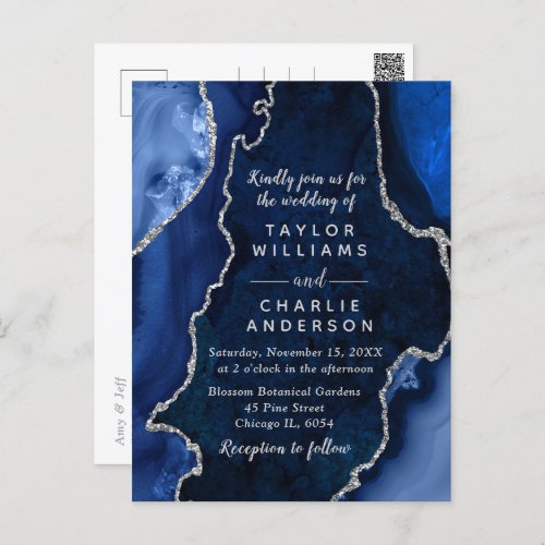 Navy Blue and Silver Agate Marble Wedding Postcard