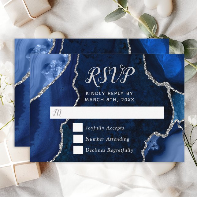 Navy Blue and Silver Agate Marble Wedding RSVP Card (Creator Uploaded)