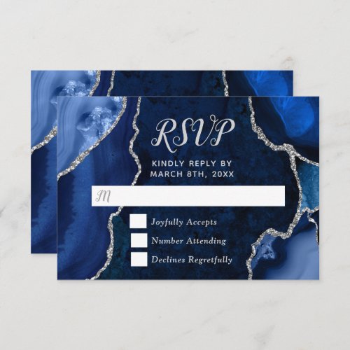 Navy Blue and Silver Agate Marble Wedding RSVP Card