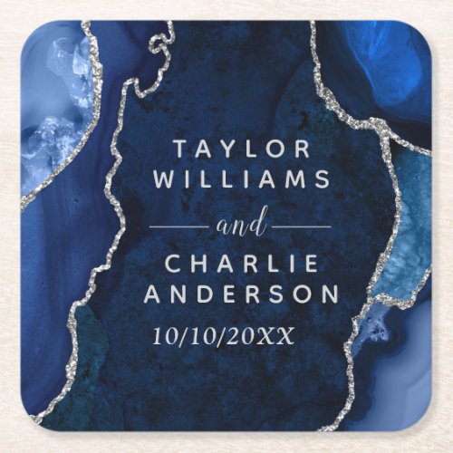 Navy Blue and Silver Agate Marble Wedding Square Paper Coaster