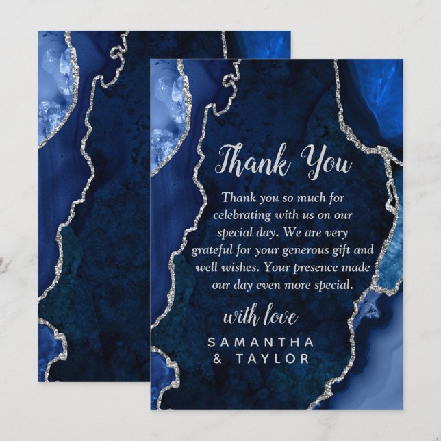 Navy Blue and Silver Agate Marble Wedding Thank You Card (Front/Back)