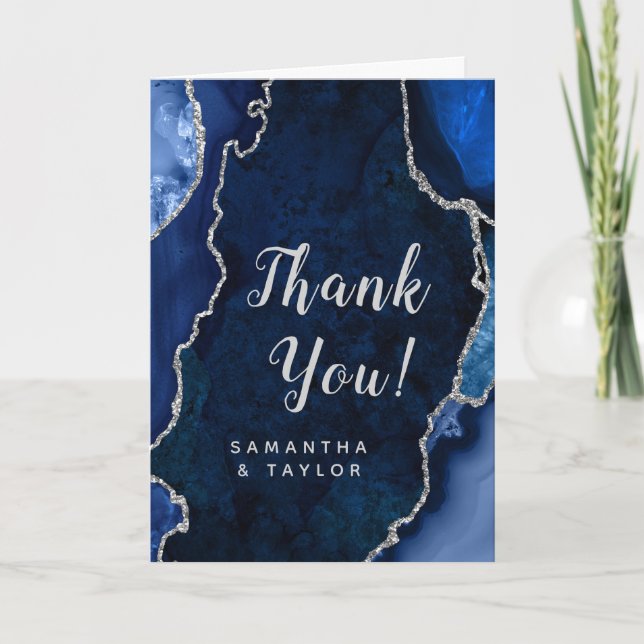 Navy Blue and Silver Agate Marble Wedding Thank You Card (Front)