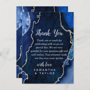 Navy Blue and Silver Agate Marble Wedding Thank You Card