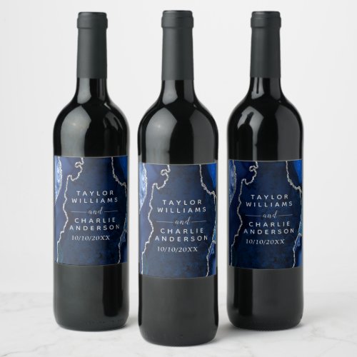 Navy Blue and Silver Agate Marble Wedding Wine Label