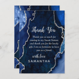 Navy Blue and Silver Agate Sweet Sixteen Thank You Card
