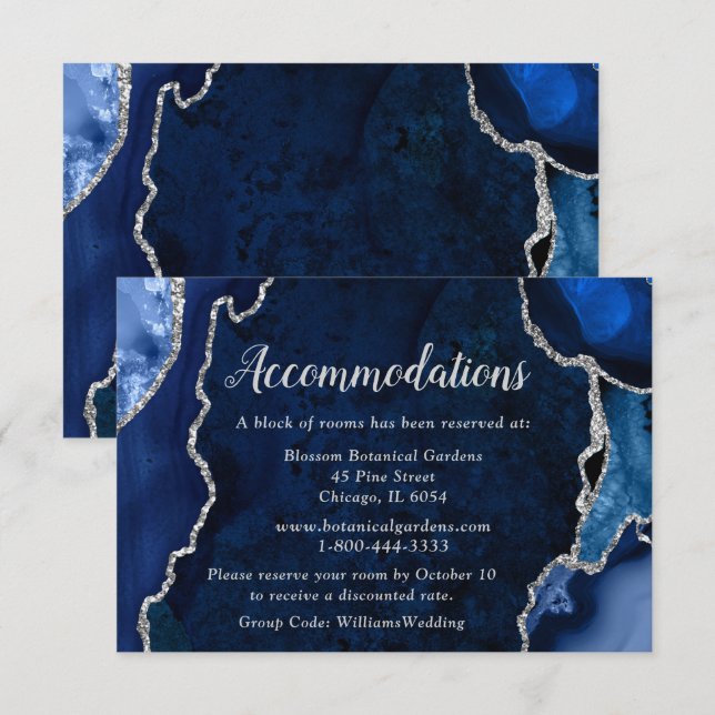 Navy Blue and Silver Agate Wedding Accommodations Enclosure Card (Front/Back)