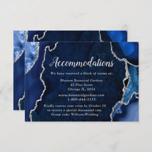 Navy Blue and Silver Agate Wedding Accommodations Enclosure Card