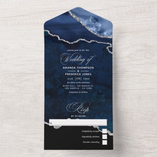 Navy Blue and Silver Agate Wedding All In One Invi All In One Invitation