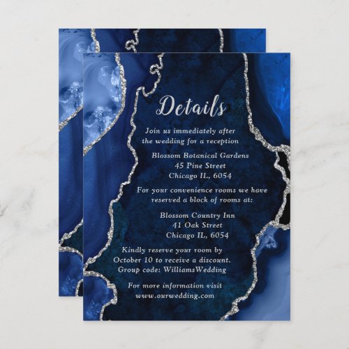 Navy Blue and Silver Agate Wedding Details Enclosure Card