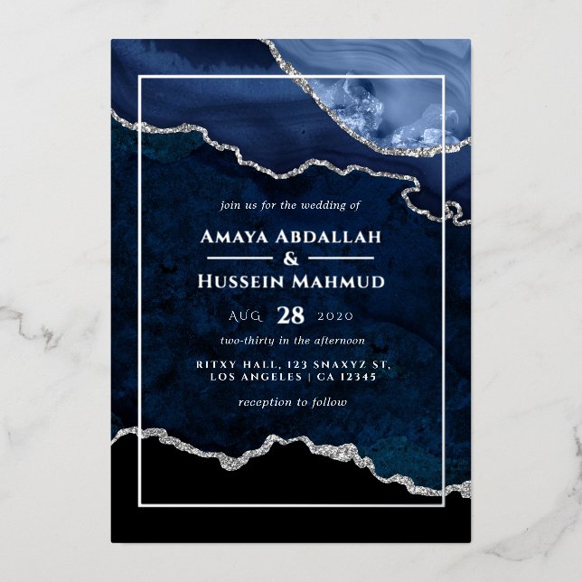 Navy Blue and Silver Agate Wedding Foil Invitation (Front)