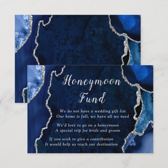 Navy Blue and Silver Agate Wedding Honeymoon Fund Enclosure Card (Front/Back)