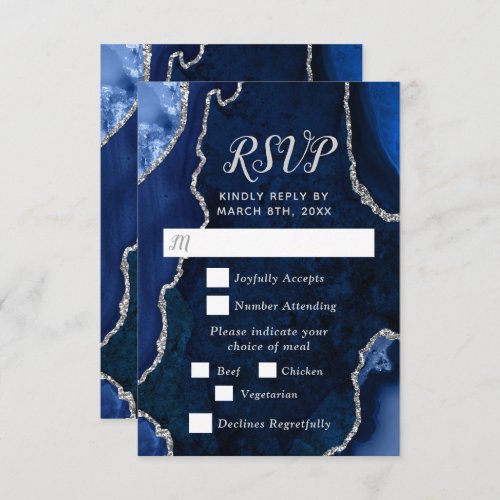 Navy Blue and Silver Agate Wedding Meal Choice RSVP Card