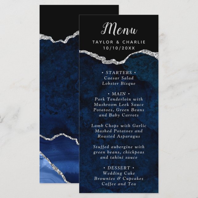 Navy Blue and Silver Agate Wedding Menu (Front/Back)