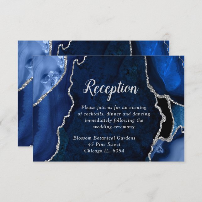 Navy Blue and Silver Agate Wedding Reception Enclosure Card (Front/Back)