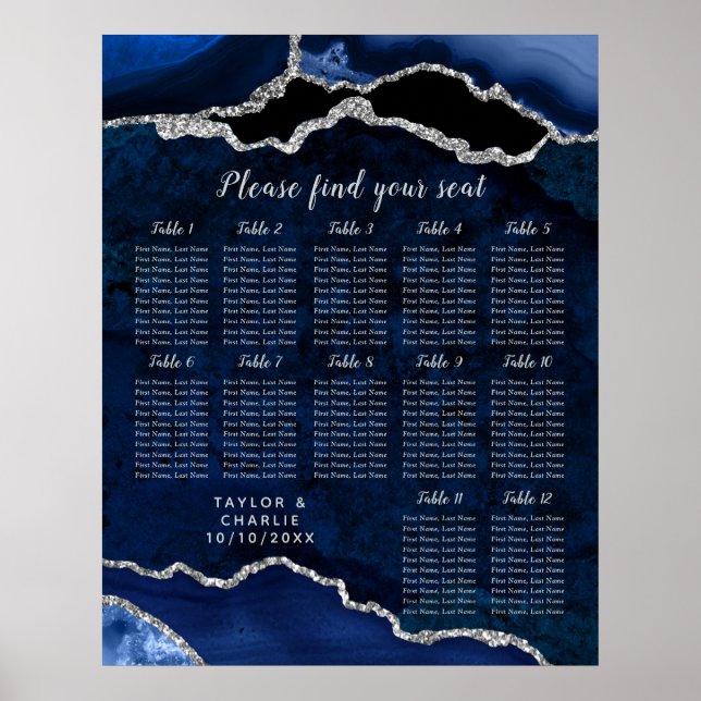 Navy Blue and Silver Agate Wedding Seating Chart (Front)
