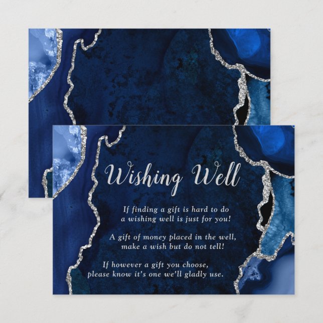 Navy Blue and Silver Agate Wedding Wishing Well Enclosure Card (Front/Back)