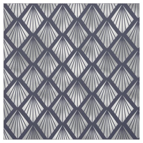 Navy Blue and Silver Art Deco Diamond Pattern Fabric