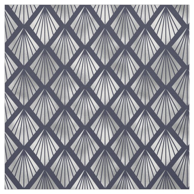 Navy Blue and Silver Art Deco Diamond Pattern Fabric (Swatch)