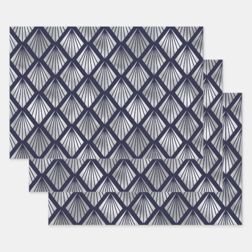 Navy Blue and Silver Art Deco Diamond Pattern Wrapping Paper Sheets