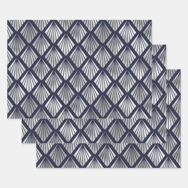 Navy Blue and Silver Art Deco Diamond Pattern Wrapping Paper Sheets (Set)
