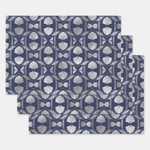 Navy Blue and Silver Art Deco Shell Pattern Wrapping Paper Sheets