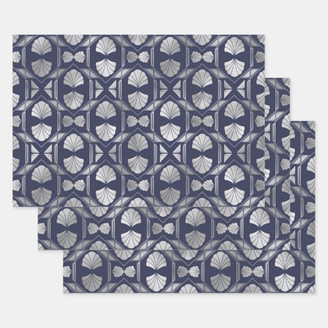 Navy Blue and Silver Art Deco Shell Pattern Wrapping Paper Sheets (Set)